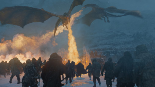 In a dramatic tableau inspired by Game of Thrones, dragons take center stage, their powerful forms locked in fierce combat amidst a snowy landscape. As one dragon soars through the frosty air, fire blazes in a nearby field, casting an ominous glow on the scene. The narrative unfolds further as groups of people gather near a waterfall and traverse the snow-laden ground, each with their own purpose and role in the unfolding story. This vivid depiction captures the essence of the popular series, immersing viewers in an enthralling world where fantasy and reality collide with breathtaking intensity.